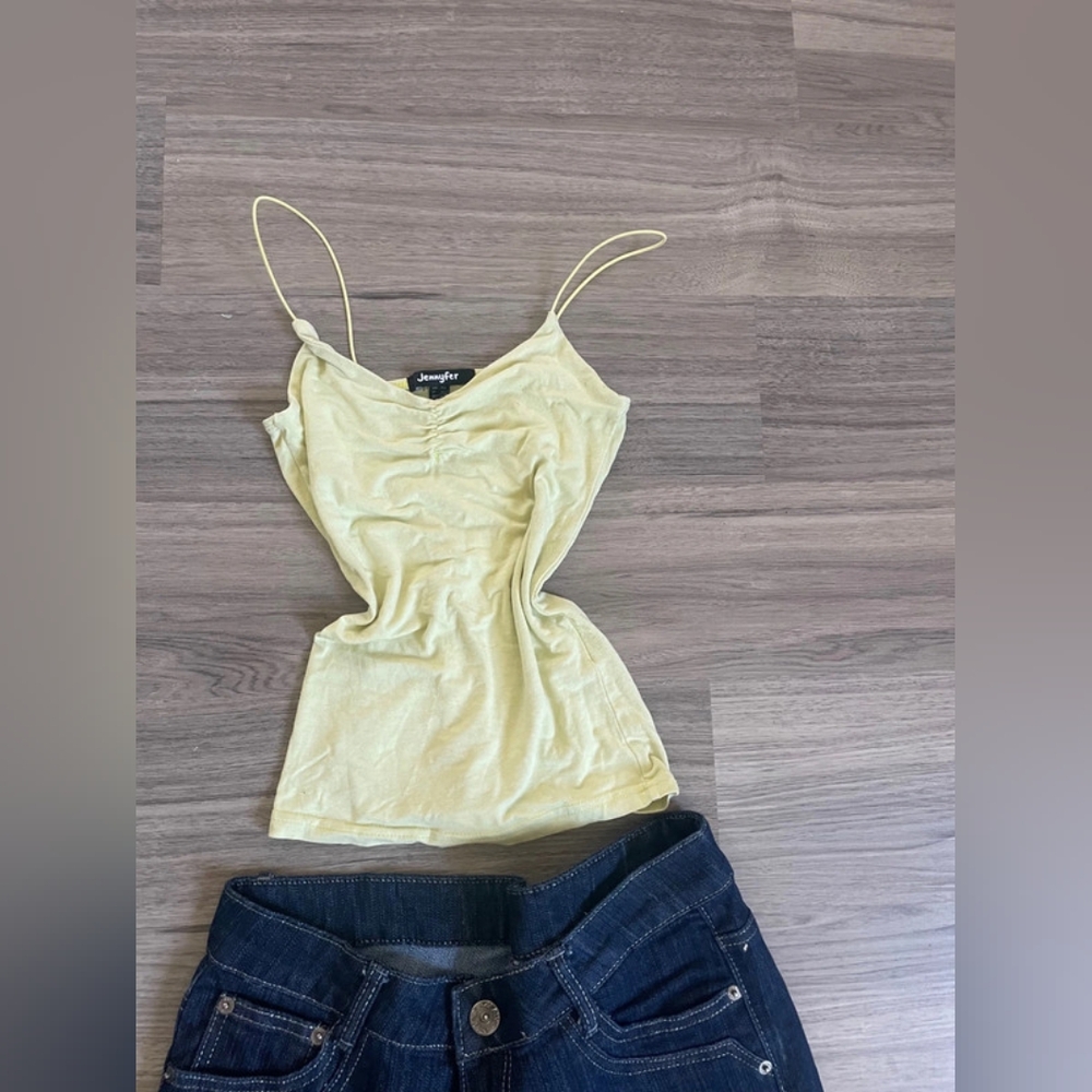 Yellow Spaghetti Strap Top and Dark Denim Jeans